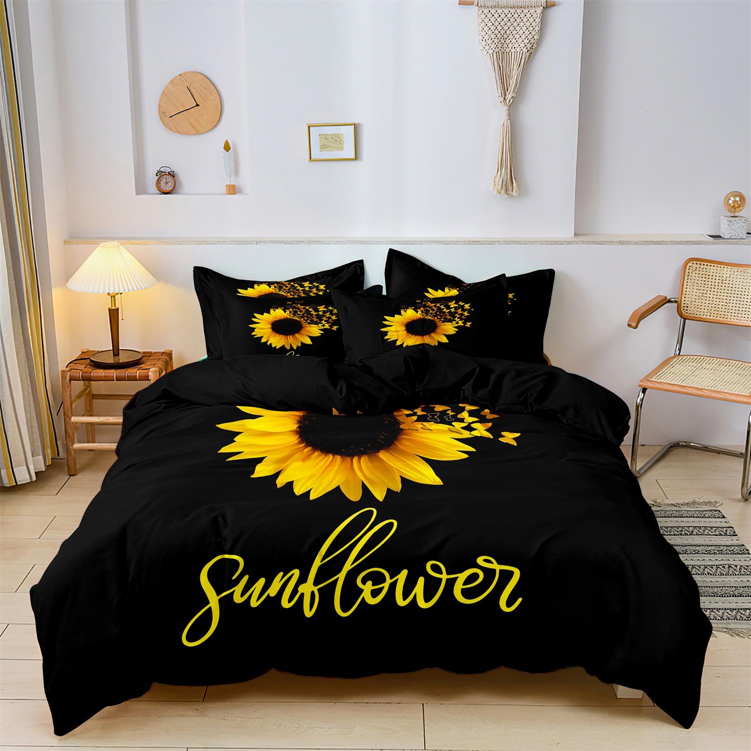 Sunflower Floral Print Bedding Set, Floral Bedding Sets, Printed Bedding Set, 1 Set Including 1 Duvet Cover & 2 Pillowcases without Filler, Soft Comfortable Breathable Bedding Set for Bedroom, Rooms, Dormitories, Decorative Bedding Set