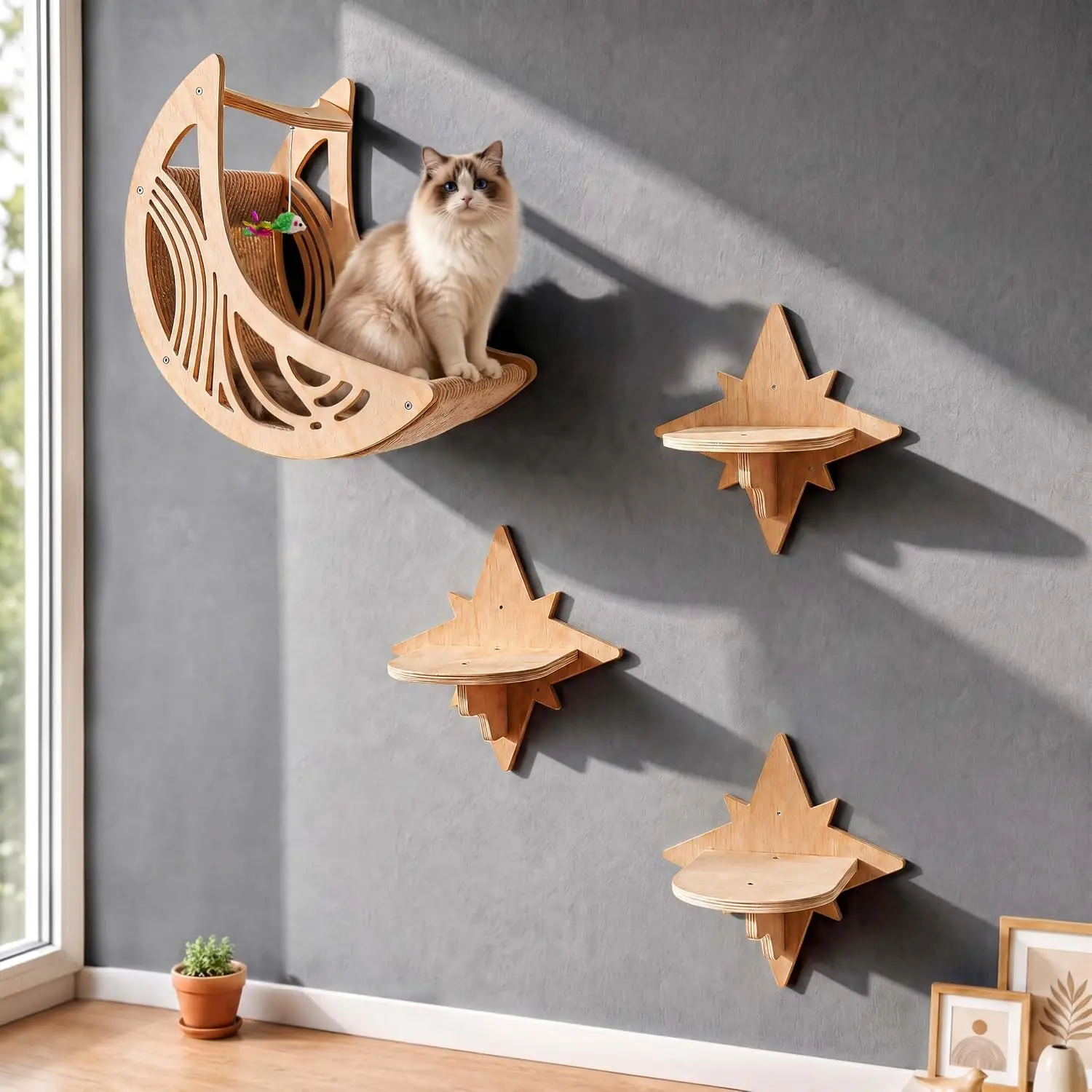 Wooden Cat Wall Shelves with Moon and Star Cutouts - Single Unit Space-Saving Furniture, Left/Right Wall-Mounted Perching Spot, Modern Floating Perch for Indoor Cats, Moon Cutout