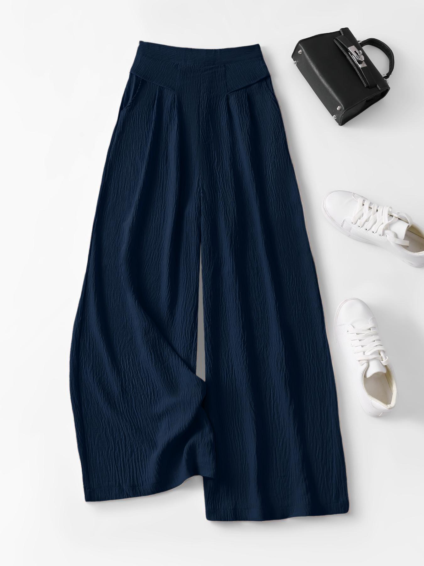 Women's High-Waisted Wide-Leg Pants, Womenswear Casual Bohemian Skin-Friendly Comfort Fit Trousers, Multiple Colors, S-XXL, Casual Textured Trousers