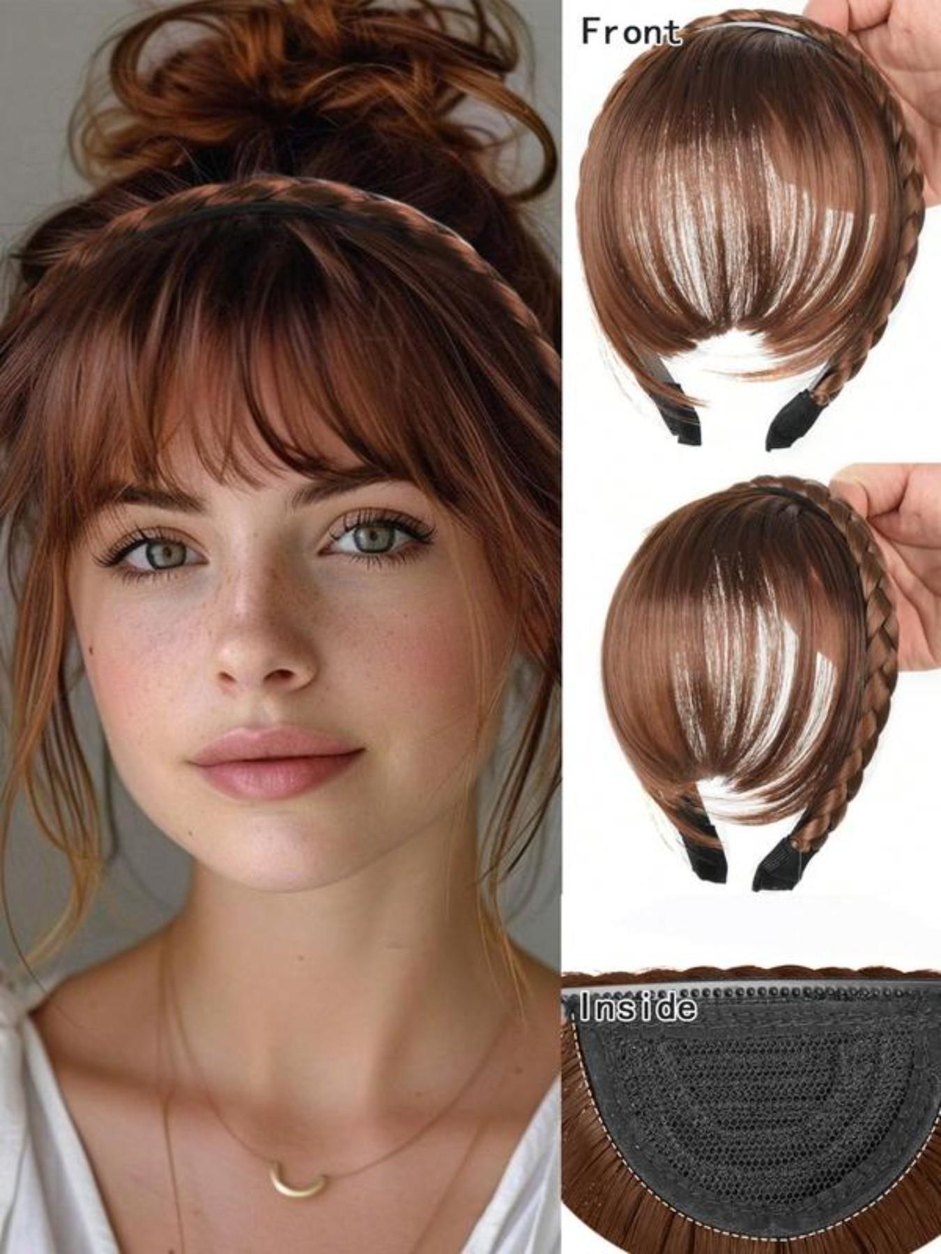 Slip Resistant Fluffy Blunt Bangs Fishtail Braid Wig Headband with Sideburns Bangs Elegant Braided Hair Simple Hair Accessory for Party Holiday Vacation Daily Wear Women Headband