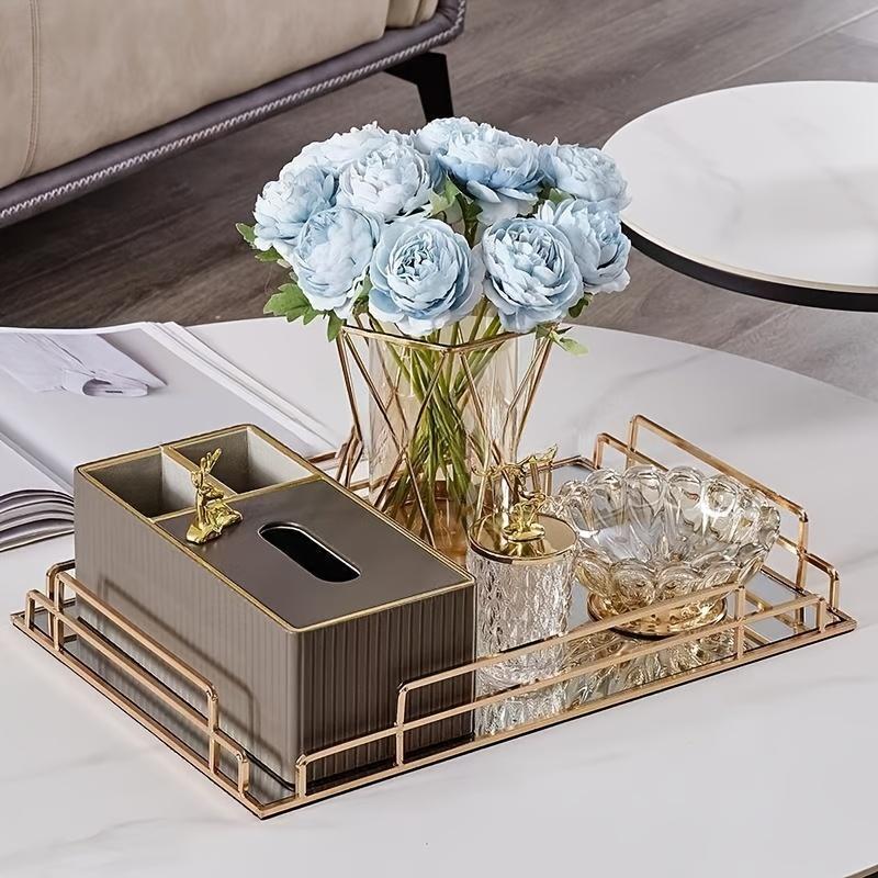 Light luxury ornament iron wire tray, household storage tray, tea table, living room desktop rectangular decoration tea tray black tray, glass plate metal tray decoration