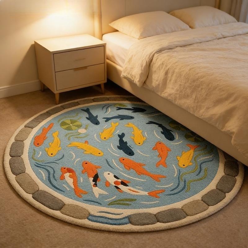 Cartoon Creative Sofa Coffee Table Carpet Good Luck Koi Bedroom Decoration Bedside Rug Large Area Round Living Room Modern Indoor Rug Washable Rug Fluffy and Soft Cloakroom Non-slip Carpet Light Luxury Bathroom Balcony Plush Floor Mat