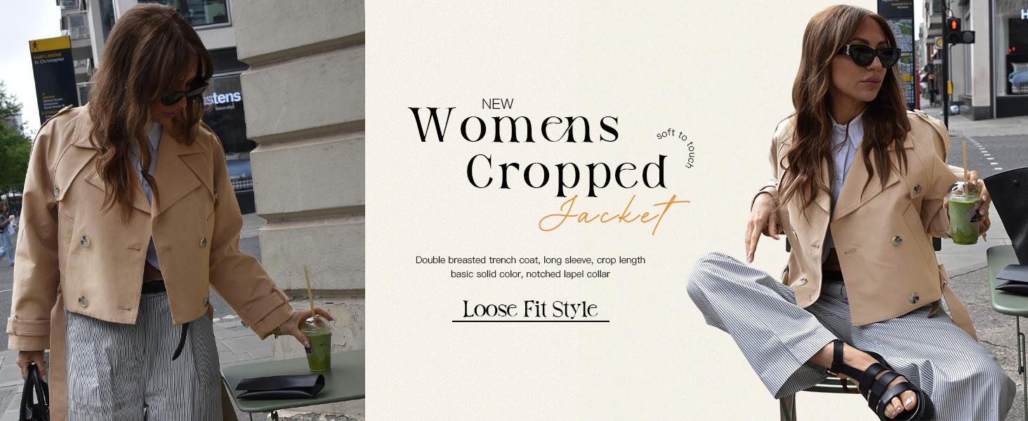 Womens Lapel Trench Coat Double Breasted Cropped Jacket Casual Outwear with Belt Tops Fit Womens Lapel Trench Coat Double Breasted Cropped Jacket Casual Outwear with Belt Tops Fit