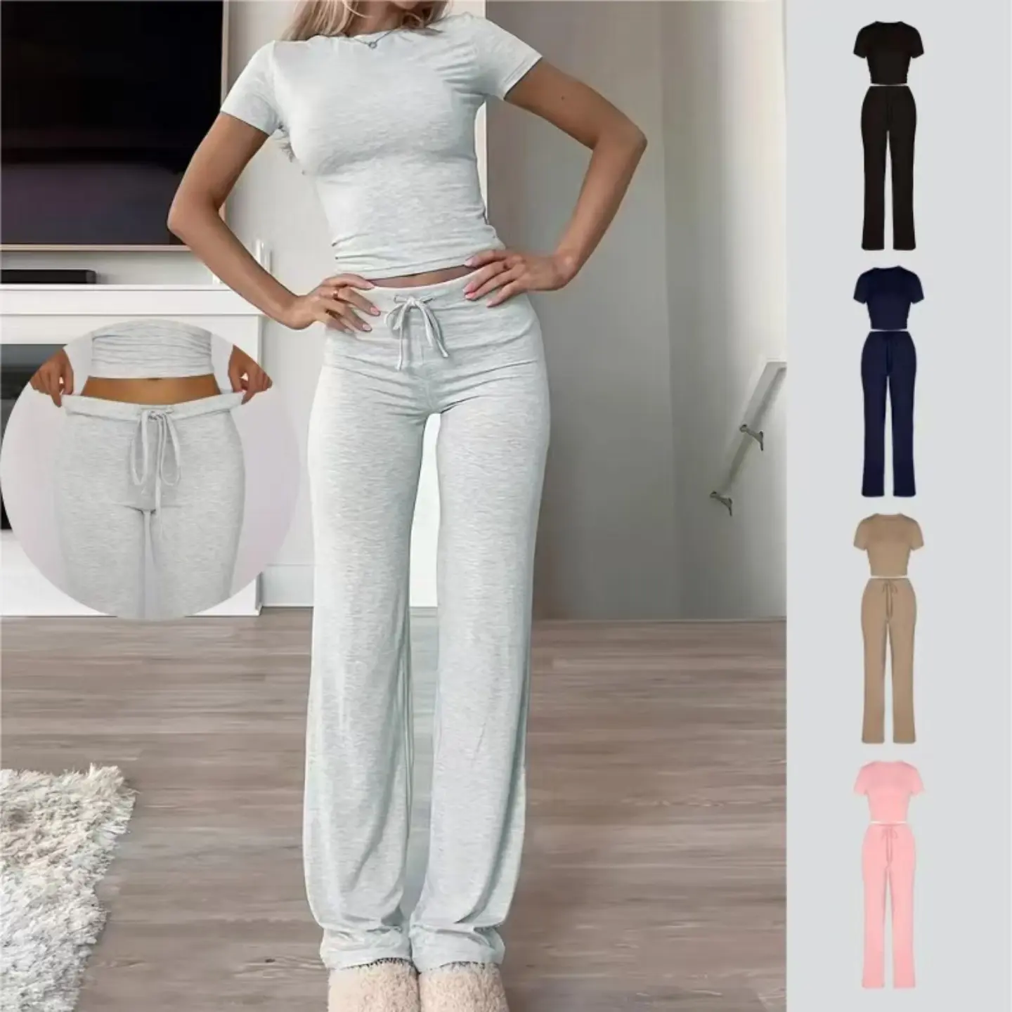 Women's  Two Piece Lounge Set, Short Sleeve Crew Neck Crop Top and High Waist Drawstring Wide Leg Pants, Solid Casual Matching Outfits, Cute Trendy Y2K Spring Summer Loungewear for Travel, Airport, Vacation, Streetwear, Shopping and Everyday Wear