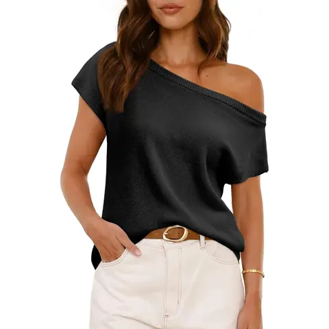 Saodimallsu Women's Fitted H-Type Off-Shoulder Short Sleeve Knit Top - Round Neck, Evening Wear, Soft Lightweight Spring & Summer Womenswear Tank Top