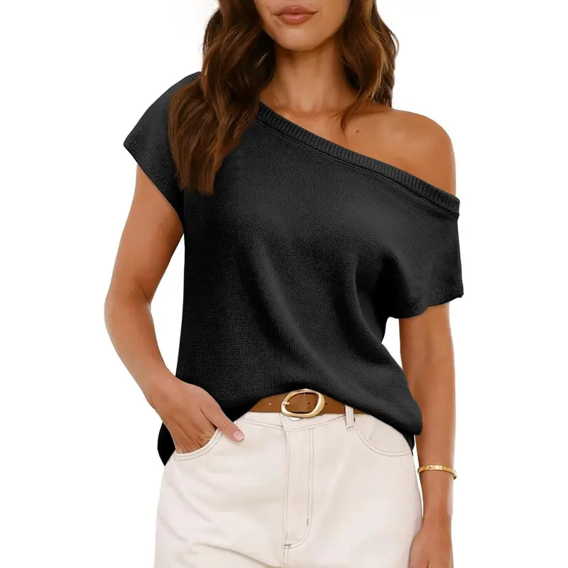 Saodimallsu Women's Fitted H-Type Off-Shoulder Short Sleeve Knit Top - Round Neck, Evening Wear, Soft Lightweight Spring & Summer Womenswear Tank Top