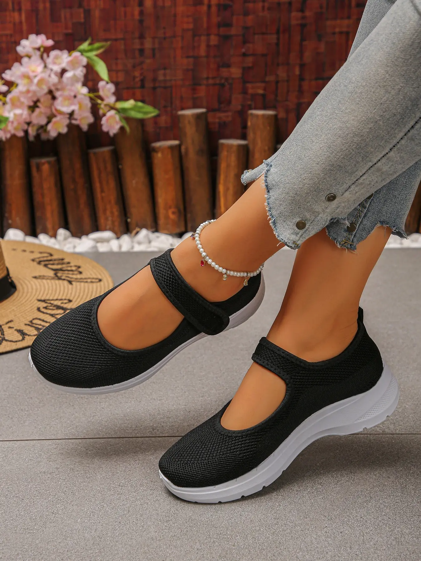 Women's Mary Jane Walking Shoes Knit Upper Adjustable Hook and Loop Strap Platform Slip On Sneakers Lightweight Casual Daily Outdoor Footwear
