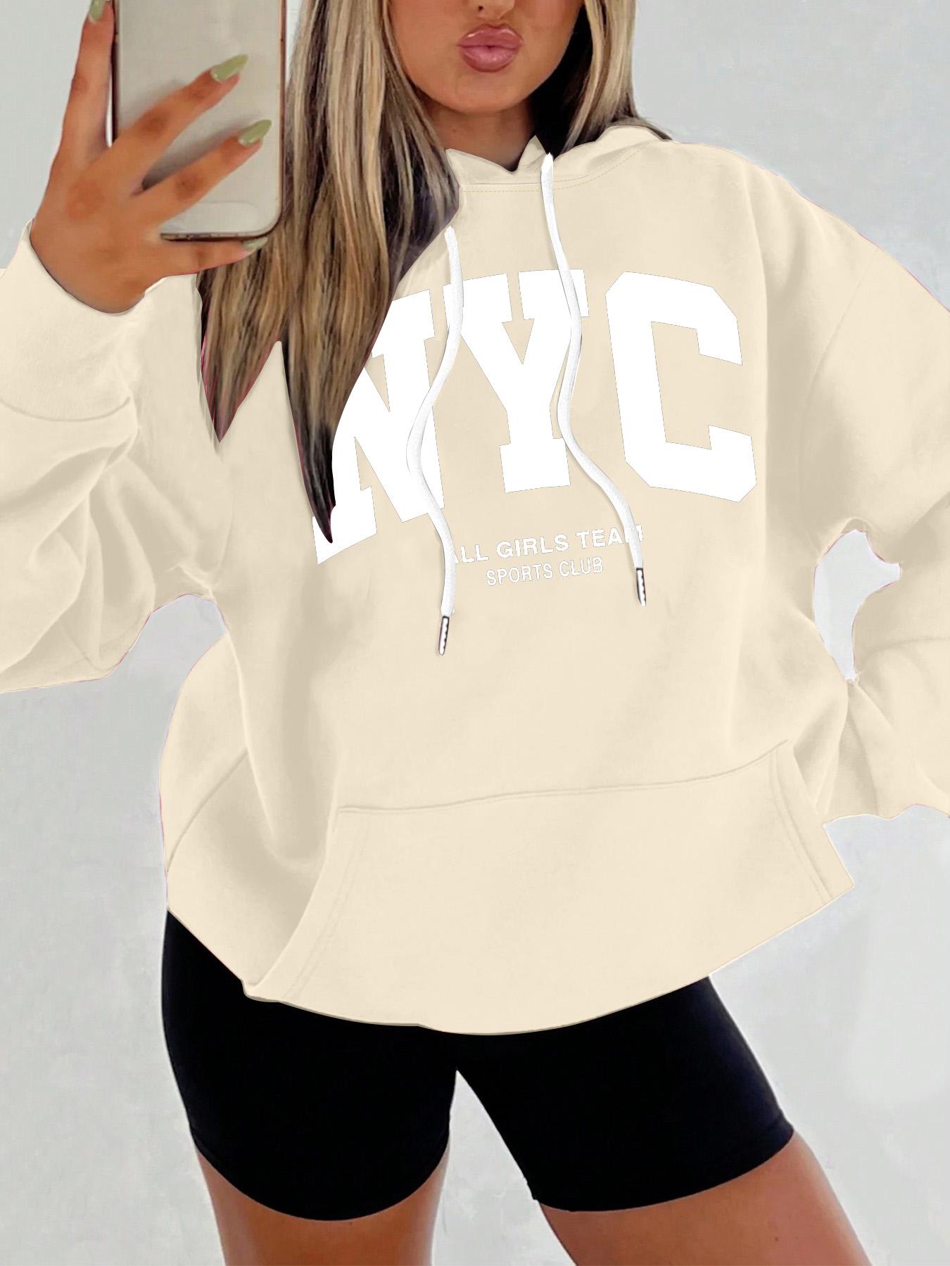 Women's Letter Print Drop Shoulder Hoodie, Fashion Casual Drawstring Pocket Hooded Sweatshirt for Daily Holiday Outdoor Wear, Women Clothing for Fall & Winter