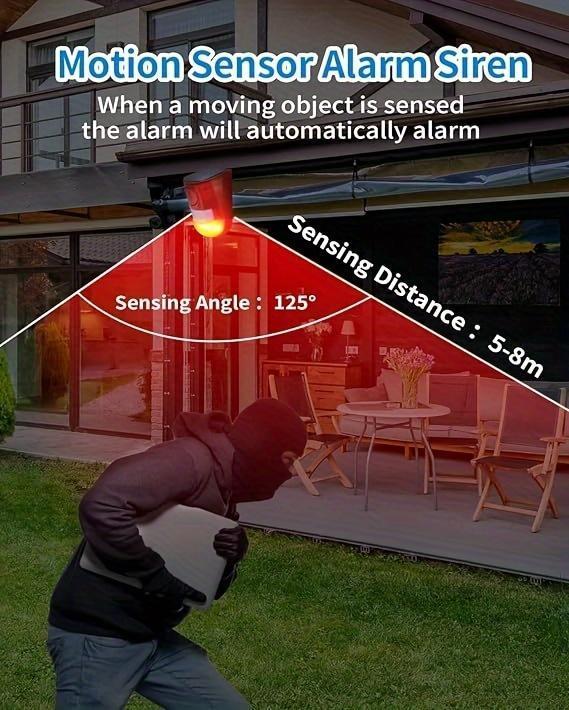 Anti-Theft High-Decibel Solar Motion Sensor Alarm Siren, Outdoor Security System with 6 LED Flashing Modes, IP55 Waterproof Solar Powered Speaker for Home, Villa, Farm, Chicken Coop detail 8