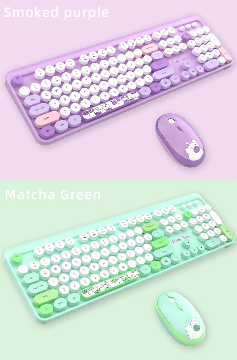 MOFii 1 Set Wireless Keyboard and Mouse Combo, Purple Cute Bear Round Keycaps, High-Appearance Office Keyboard Mouse for Girls, Universal for Laptop and Desktop, US Qwerty (Batteries Not Included)