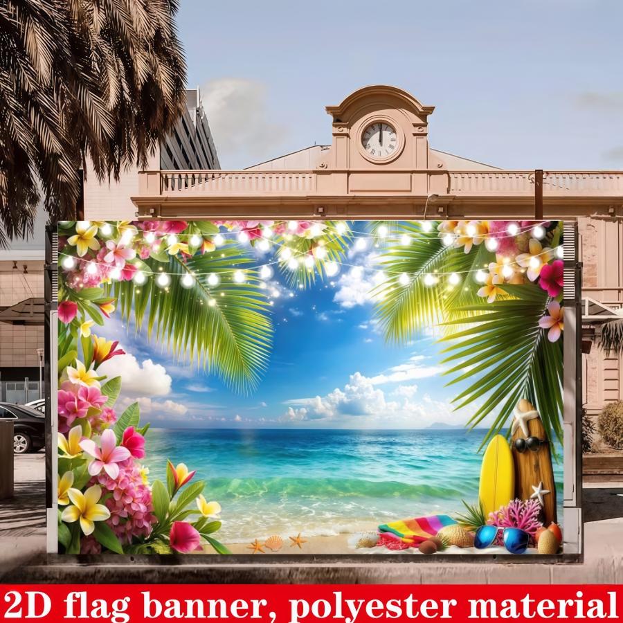 Summer Hawaiian Beach Background Banner, Sky, Ocean Tropical Flowers Palm Leaves, Surfboard Photography Background, Suitable for Hawaiian Party Decoration Banner, Living Room, Bedroom, Office and Outdoor Decoration, Party, Seasonal Decoration