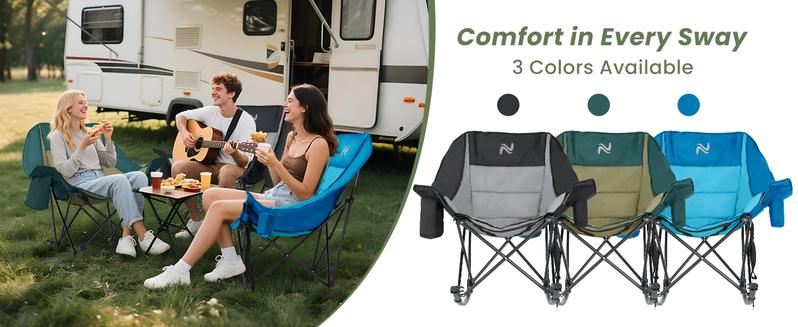 SLSY XXL Oversized Rocking Camping Chair for Adults, Fully Padded Folding Outdoor Lawn Chair with Cooler Bag & Side Pocket, Supports 400 lbs Portable Recliner