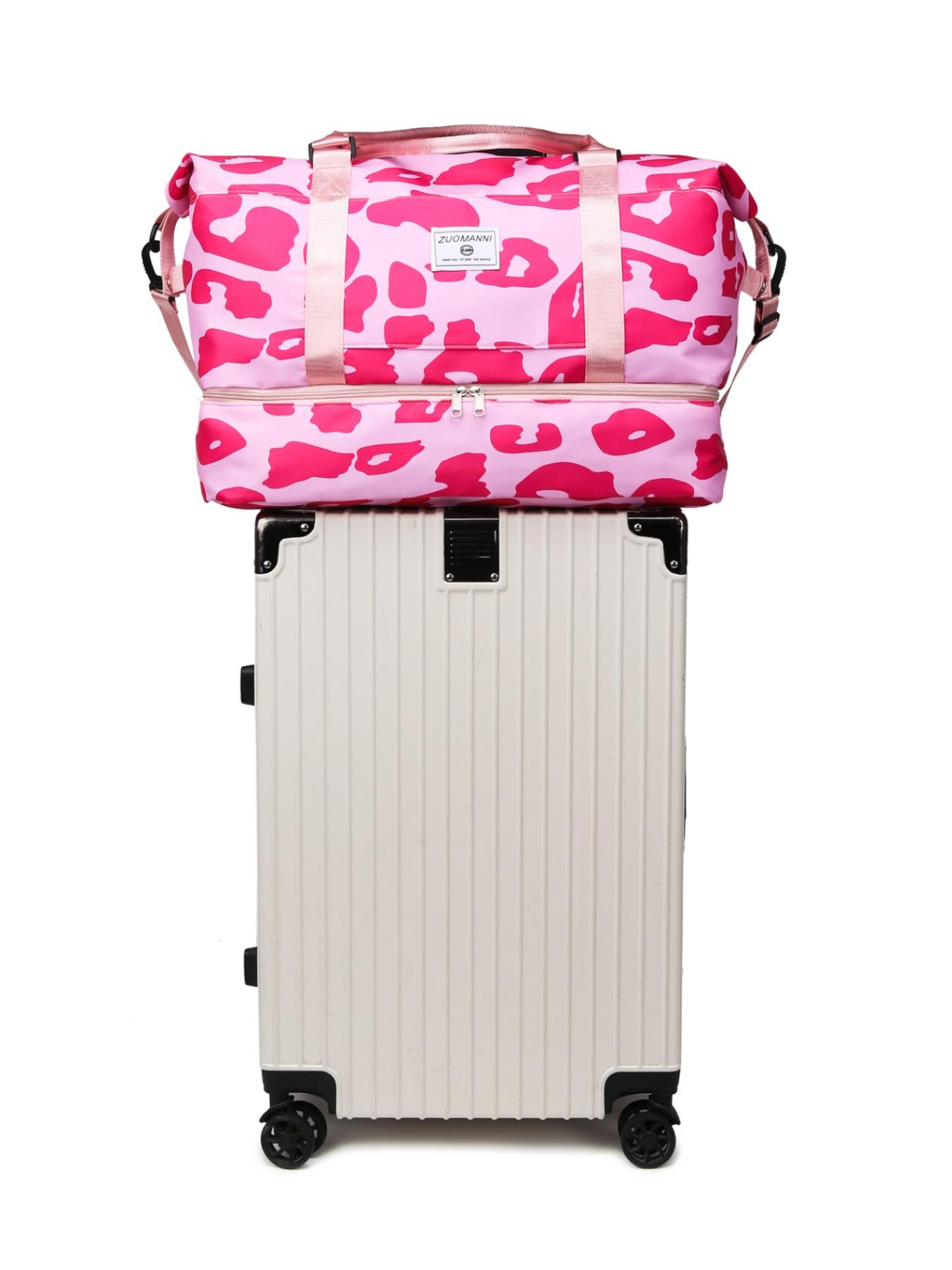 Sweet Pink Leopard Print Travel Duffle Bag for Women Large Capacity Expandable Short Trip Luggage Waterproof Hospital Bag, Gym Bag, Back-to-School Bag