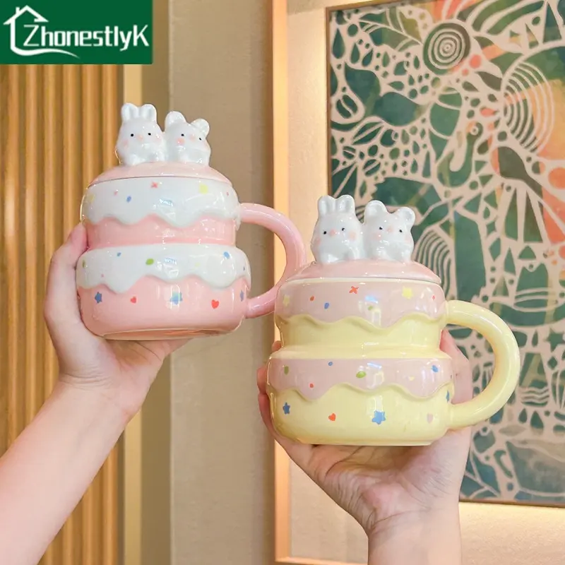 Rabbit Mug Ceramic Kawaii Cake Cup 3D Bunny Coffee Tea Mug with Lid Cute Smile Face Dessert Cup Funny Presents for Friends Family Coffee Mugs