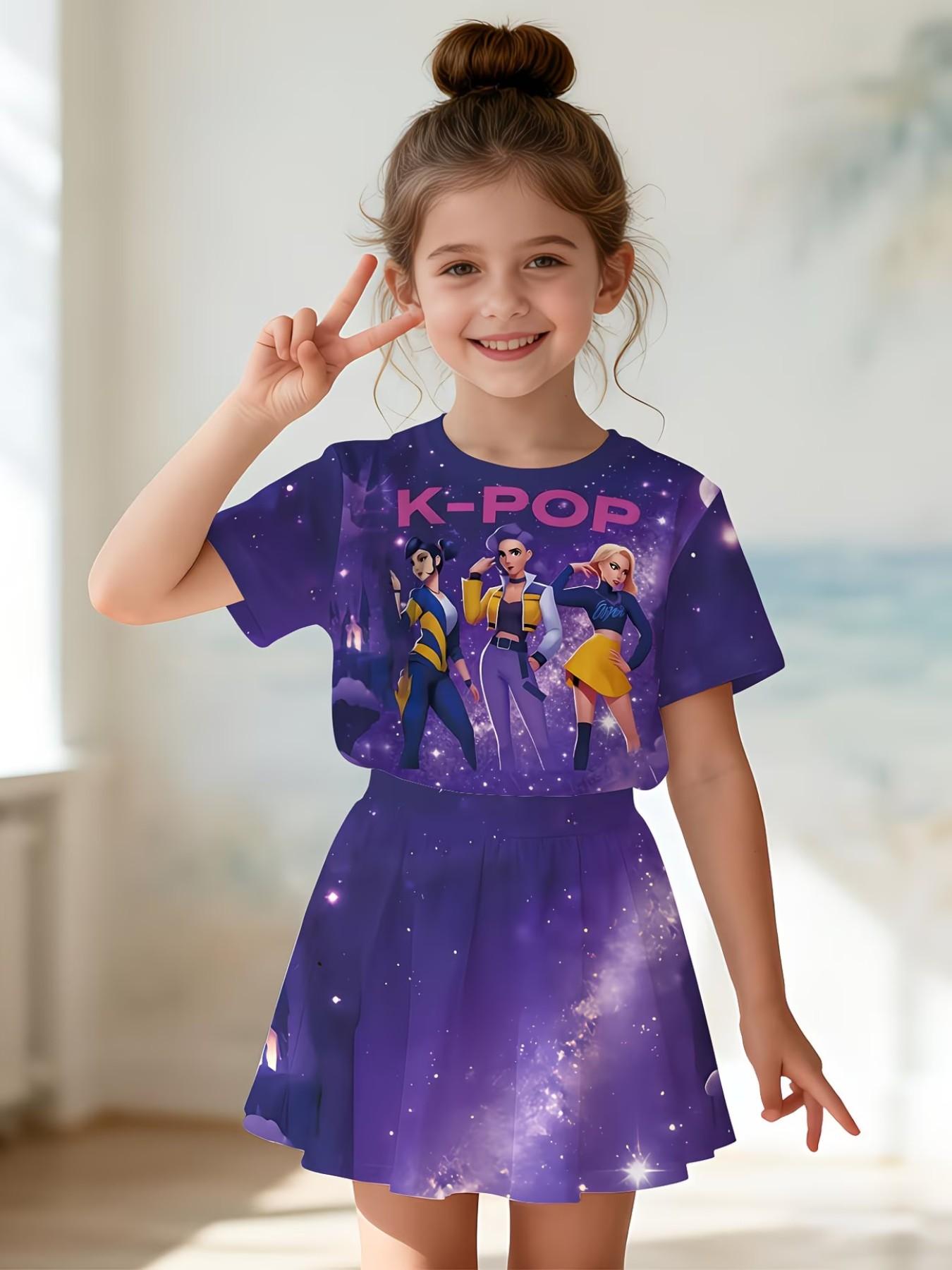 Girls' Summer Casual Set, Cartoon 3D Print, Fashion Round Neck Short Sleeve Top + Skirt, Comfortable Summer for Kids