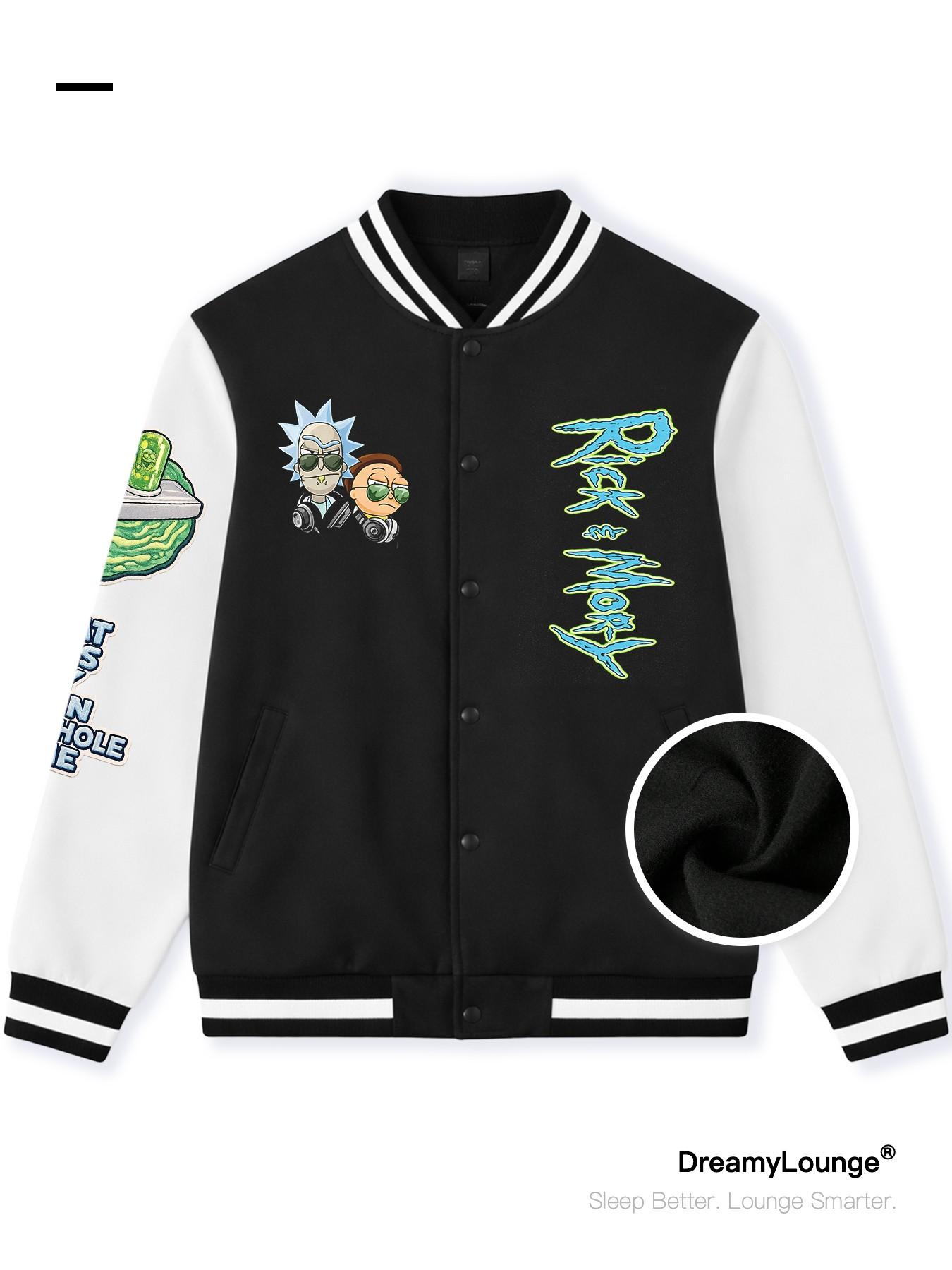 Rick and Morty Universe Portal Print Baseball Jacket, Casual Loose-Fit, Warm and Breathable, Ideal for Outdoor or Home Wear, Comfortable Pullover