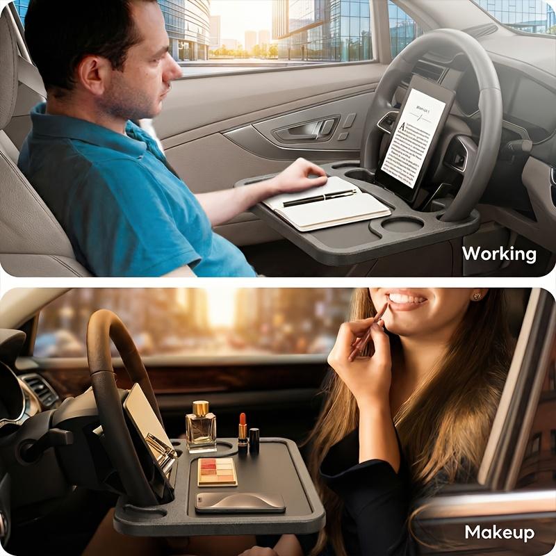 2-In-1 Car Steering Wheel Tray Table, Desktop Organizer with Laptop Holder and Cup Rack, Durable Abs Material, Fits Cars, Trucks, Suvs