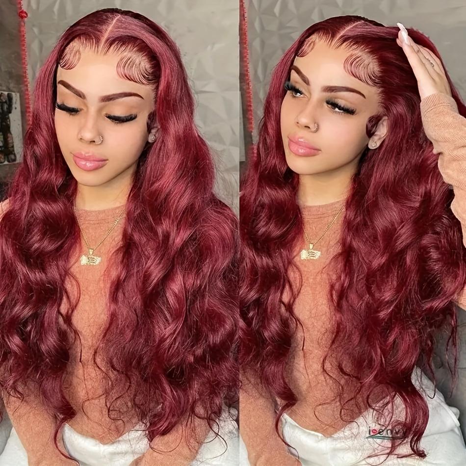Bling Hair 99j Red Color Body Wave 13x4 Lace Front Real Hair Wig 180% Density Pre Plucked Baby Hair Real Hair Lace Closure Wig Lace Frontal Wig 100% Real Hair