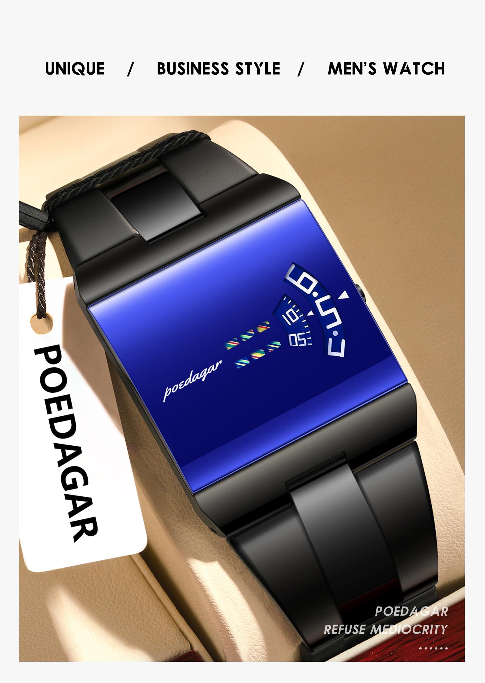 POEDAGAR Top Rectangular Original Men's Watch Waterproof Fashion Men's Watch Stainless Steel Quartz Sports Men's Watch