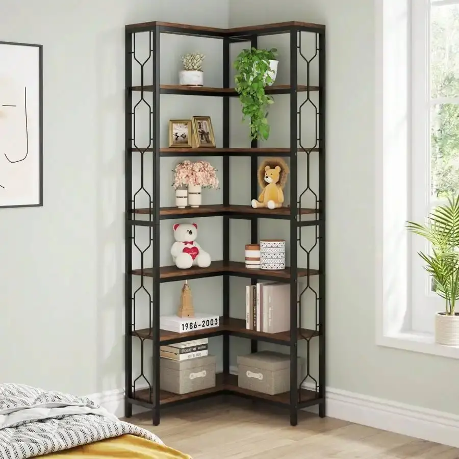 7-Tier Industrial Corner Rectangle Shelf with Hexagonal Design - Wood-and-Metal Freestanding Etagere, E0-Grade Particle Board, 25+kg Capacity, Anti-Tipping Fittings, Assembly Required for Living Room, Home Office