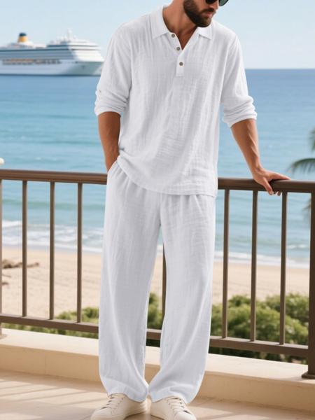 Men's Linen Polo Shirt & Pants Set, Casual Loose-Fit Long Sleeve Top, Spring & Fall Woven Fabric for Daily Wear