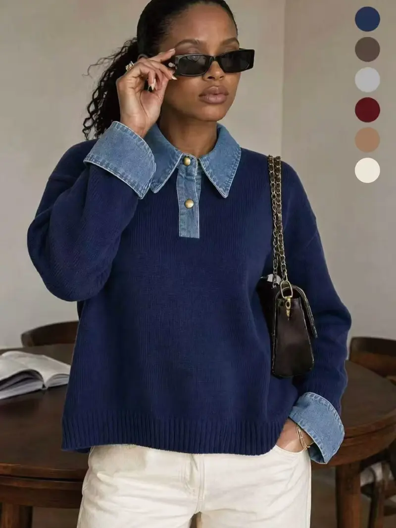 Women's denim patchwork sweater fashion look