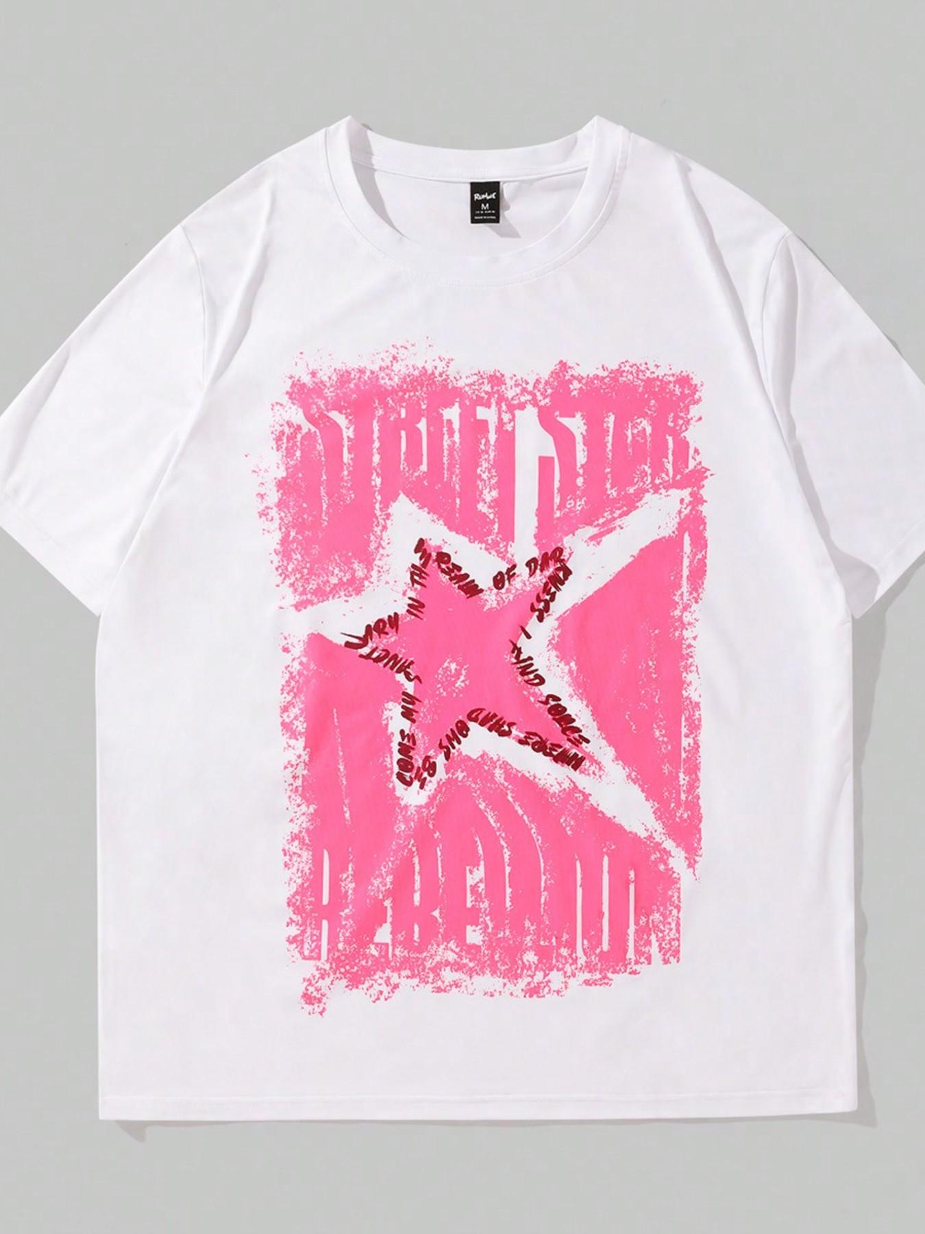 Y2K Pink Star Graffiti Print T-Shirt Y2K