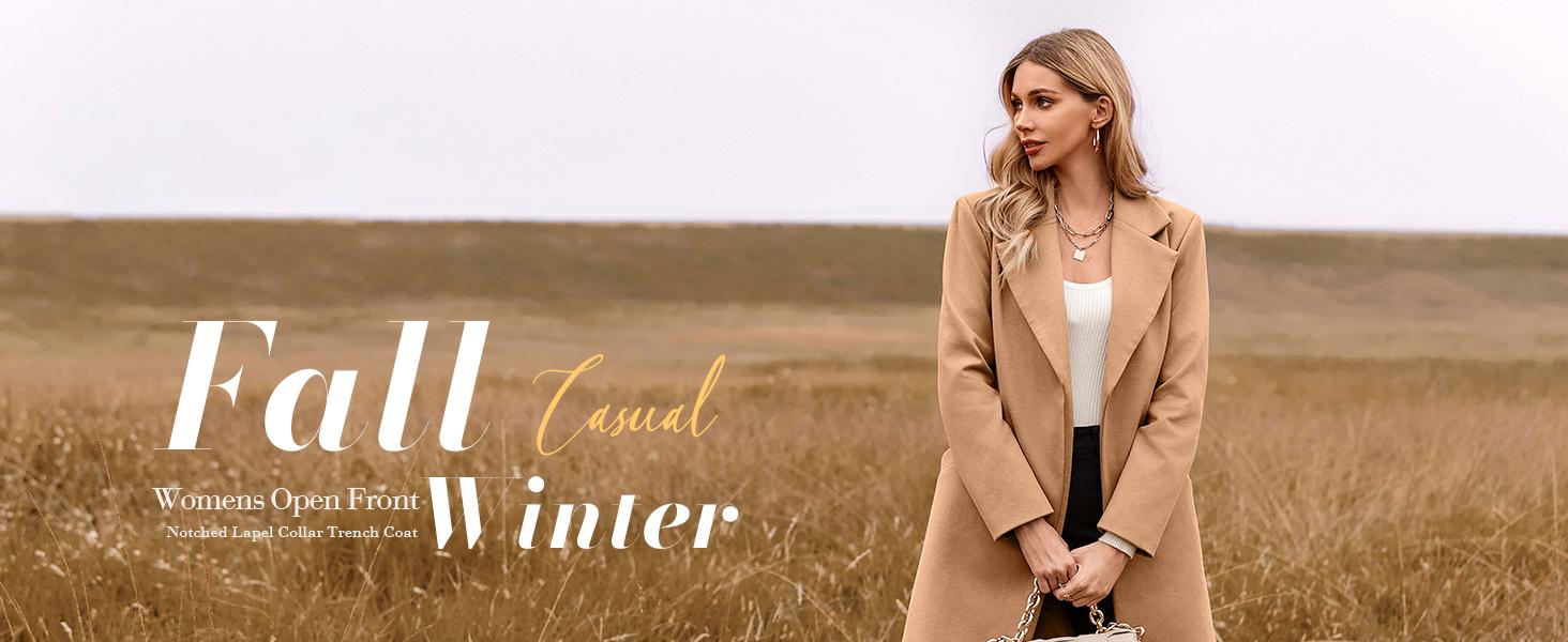 FMEYOA Womens 2025 Notched Lapel Collar Coats Open Front Long Jackets Overcoat with Belt