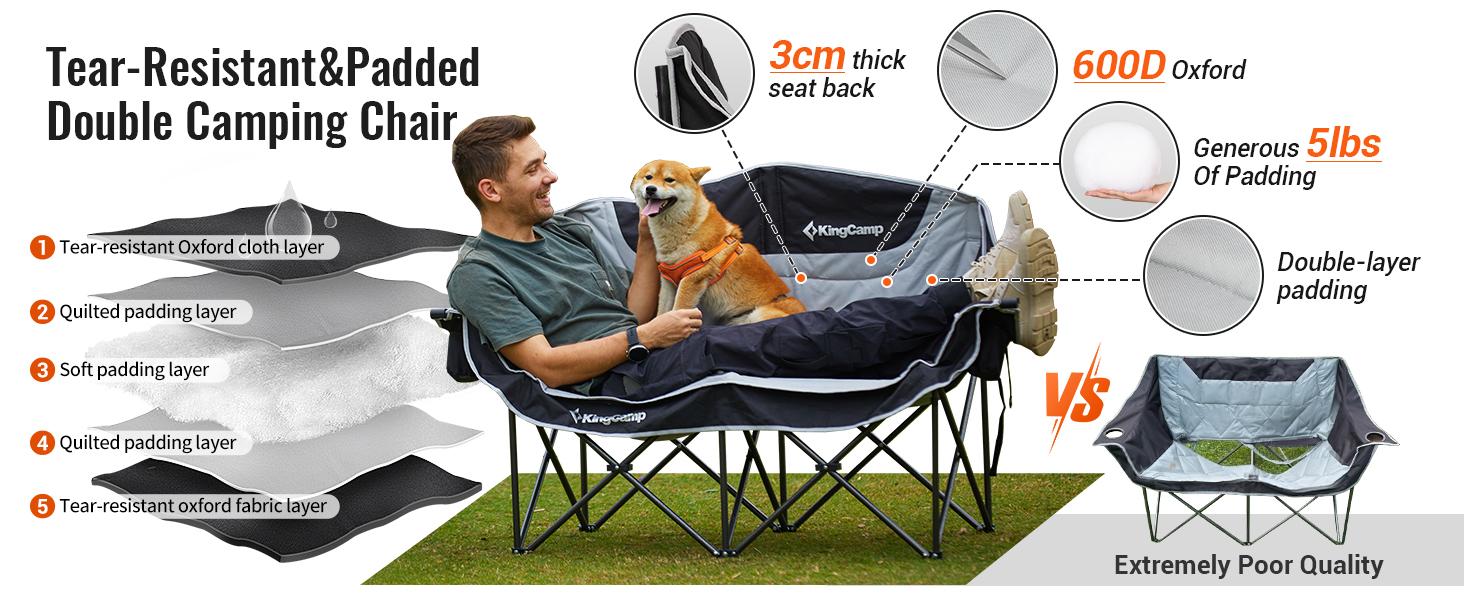 KingCamp Double  Chair, Oversized 880 lbs Heavy Duty Loveseat for Adults, Portable Folding 2-Person Padded  Couch with Cup Holders for Outdoor Lawn, Backyard &   Outdoor Conversation Furniture  Outdoor Folding Chairs foldable bed camping frame