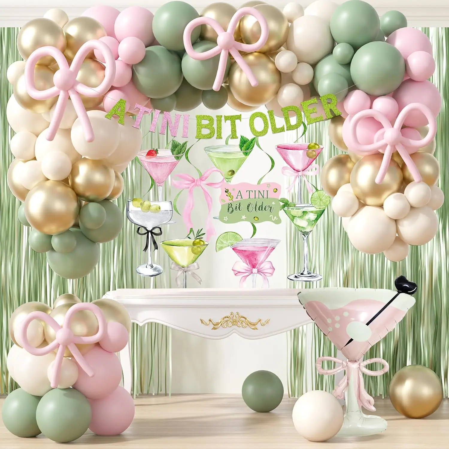 Martini Birthday Party Decorations,  Green A Tini Bit Older Banner  Swirls, Martini Glass Balloon Foil Curtain Balloon Arch for Girls Women Trendy Martini Bar Bachelorette Bridal Shower