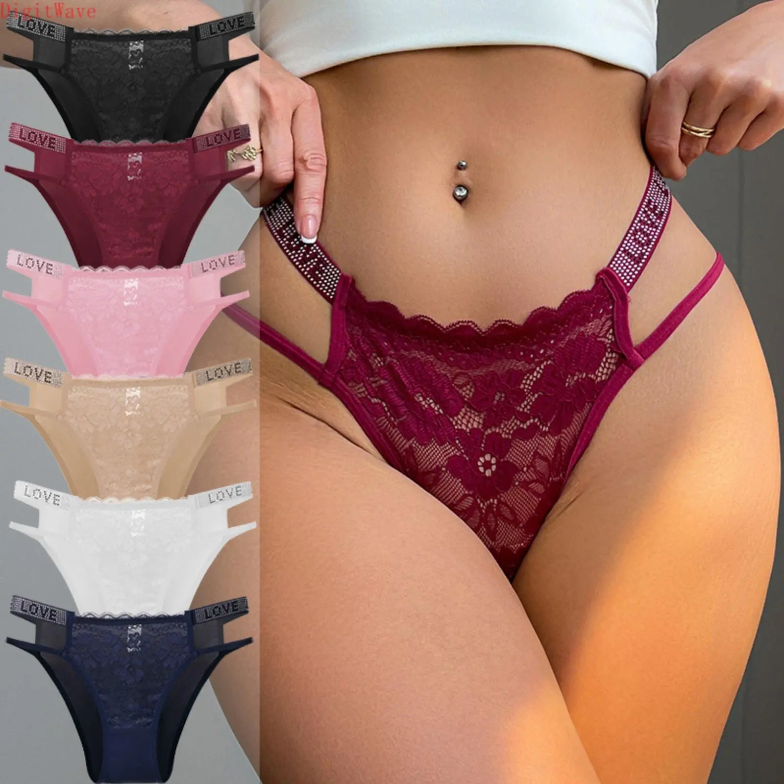 Women's 6PCS Assorted Breathable Lace G-Strings - Diamond Accents, Scalloped Edges, Elegant Thongs for Allure