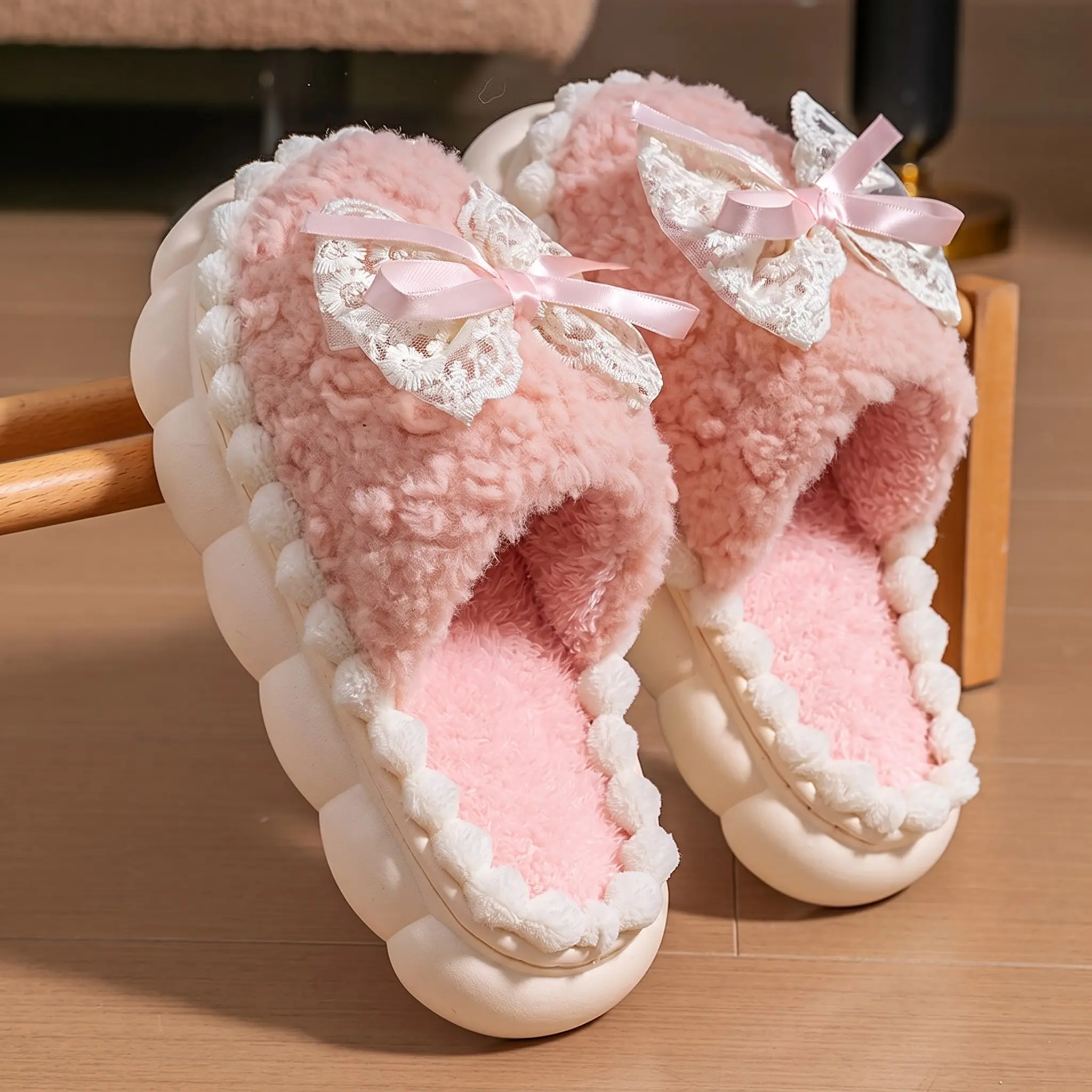 Women's Bow Knot Slippers Plush Warm Fuzzy Indoor Outdoor House Shoes Comfortable Cozy Non-Slip Casual Home Wear Flat