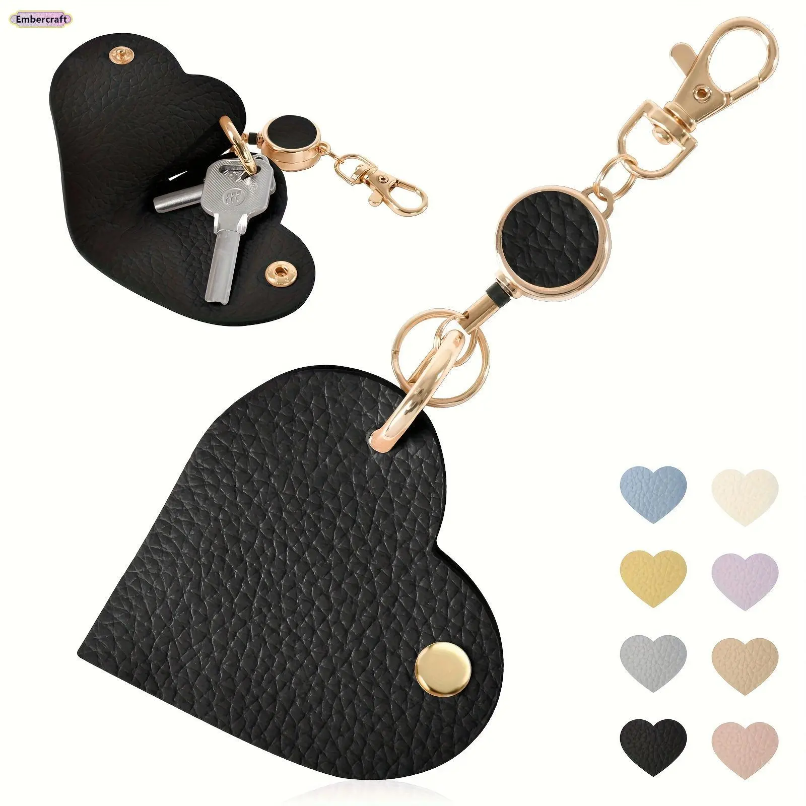 Kawaii Accessories: Cute Heart-Shape PU Leather Bag Chains and Charms for Women, Retractable Keychain Wristlet with Gold Clip