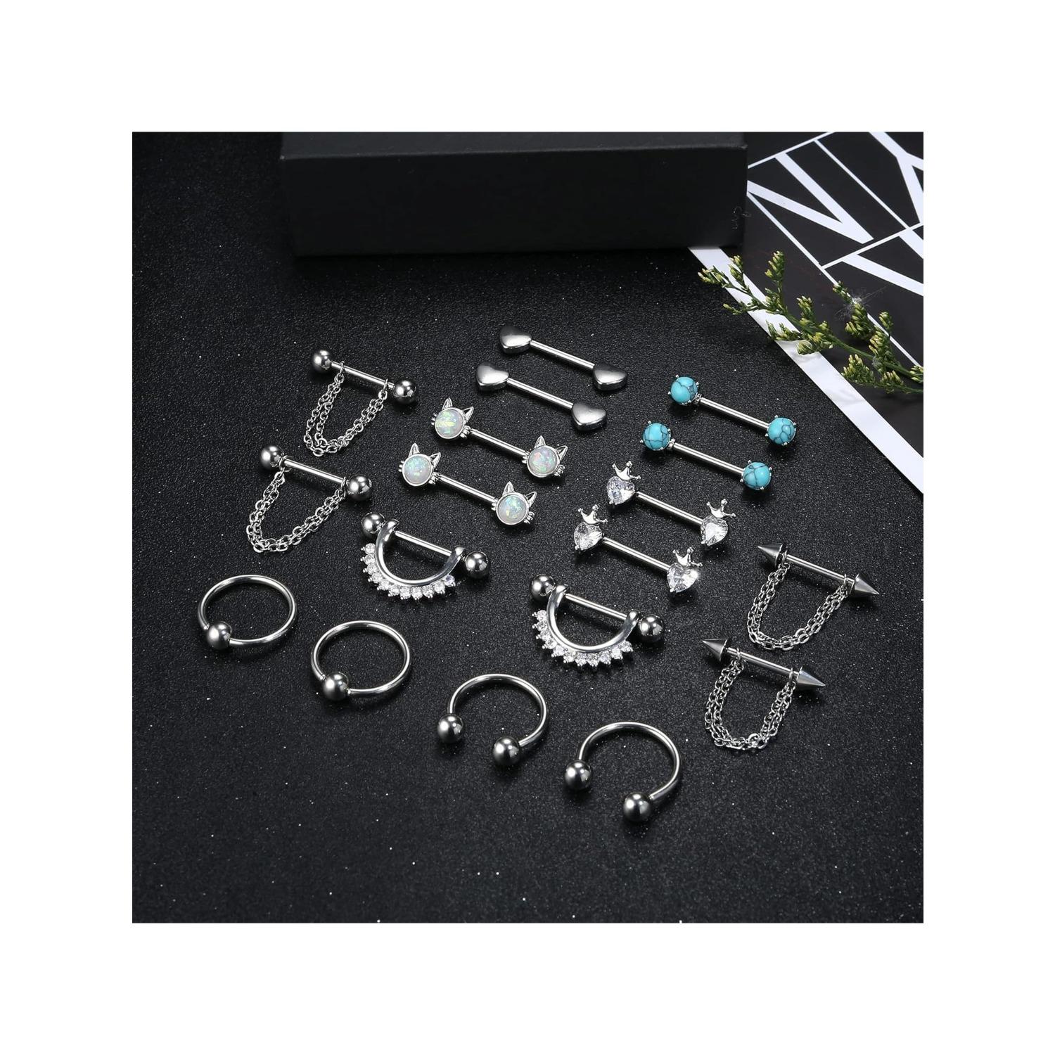 9 Pairs Nipple Rings for Women 14G Stainless Steel CZ Opal Hoops Nipple Rings with Chain Rose Silver Tone Heart Nipple Piercing Jewelry