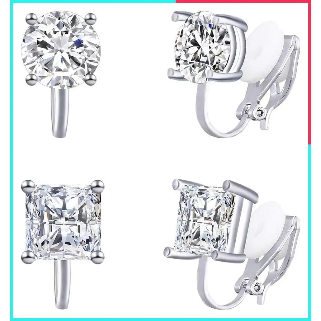 2 Pairs 8mm Cubic Zirconia Crystal Non-Pierced Clip-On Stud Earrings for Women