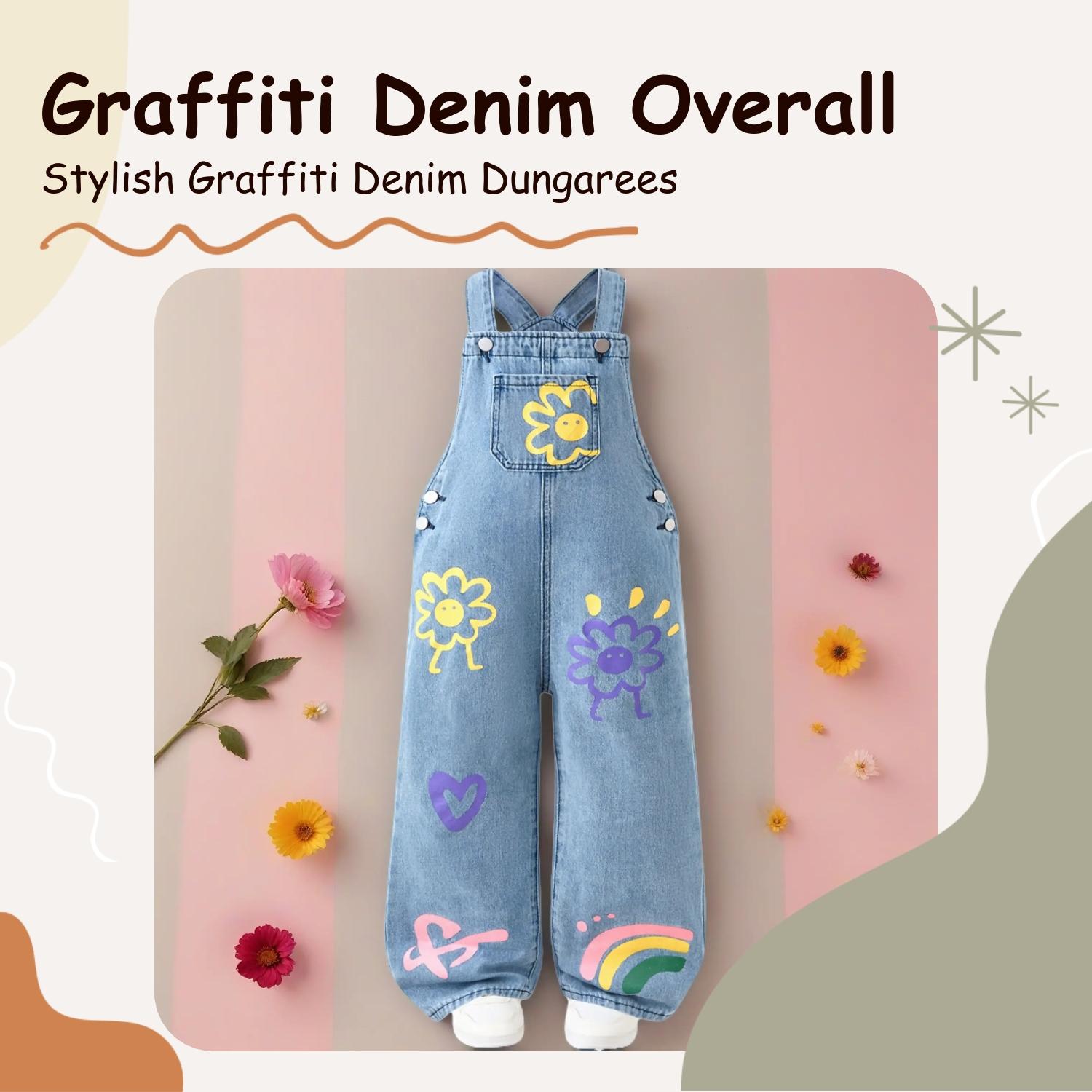 Teenage Girls' Fashionable Graffiti Print Denim Overalls, Loose Fit Casual Jeans for All Seasons, Stylish and Versatile