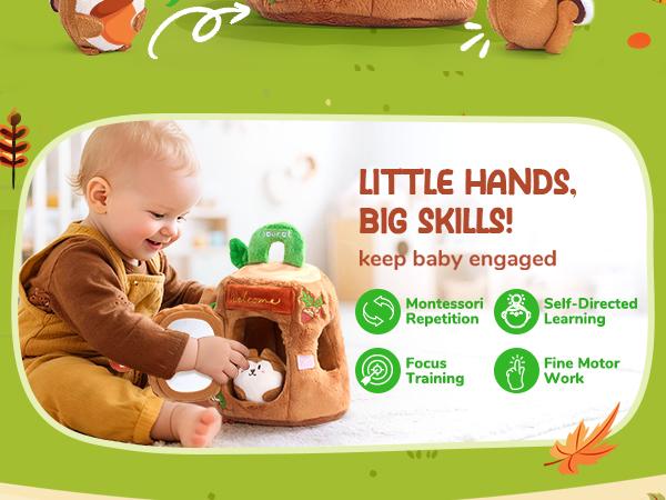 JoyCat Baby Toys, Bee Toys, Treehouse Toys, Soft Beehive with 5 Stuffed Sensory Bees/Squirrels, Rattle, Crinkle Paper, Squeaker, Mirror, Baby Birthday Easter Gifts Toys