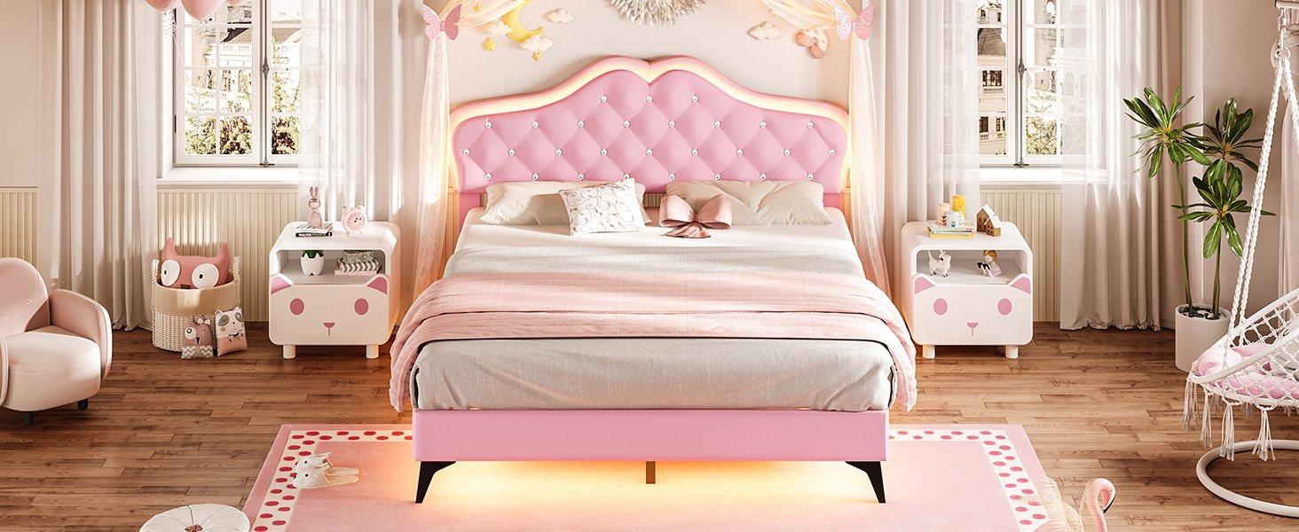Sikaic Velvet Princess Platform RGB LED Bed Frame with Storage Drawers and Adjustable Crystal Button Headboard Creamy Pink Furniture Nursery Design Cute Interior Bedroom Set Upholstered Modern Cama