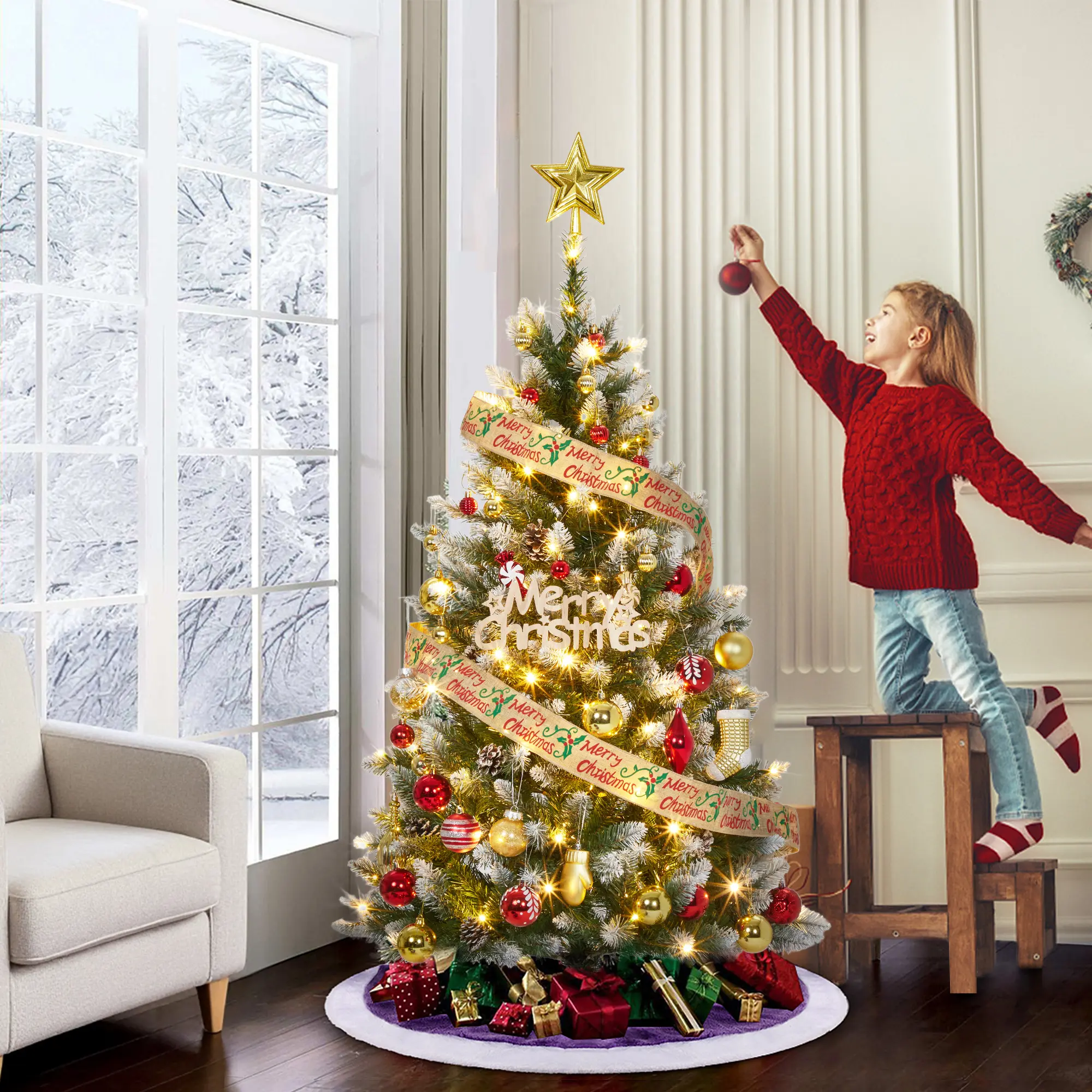 6FT Pre-Lit Flocked Christmas Tree, Artificial Xmas Tree with 250 Warm White LED Lights, 748 Mixed Needle Tips, Auto-Open Hinged Branches & Pinecone Accents, Foldable Metal Stand for Living Room Office Holiday Party Decor
