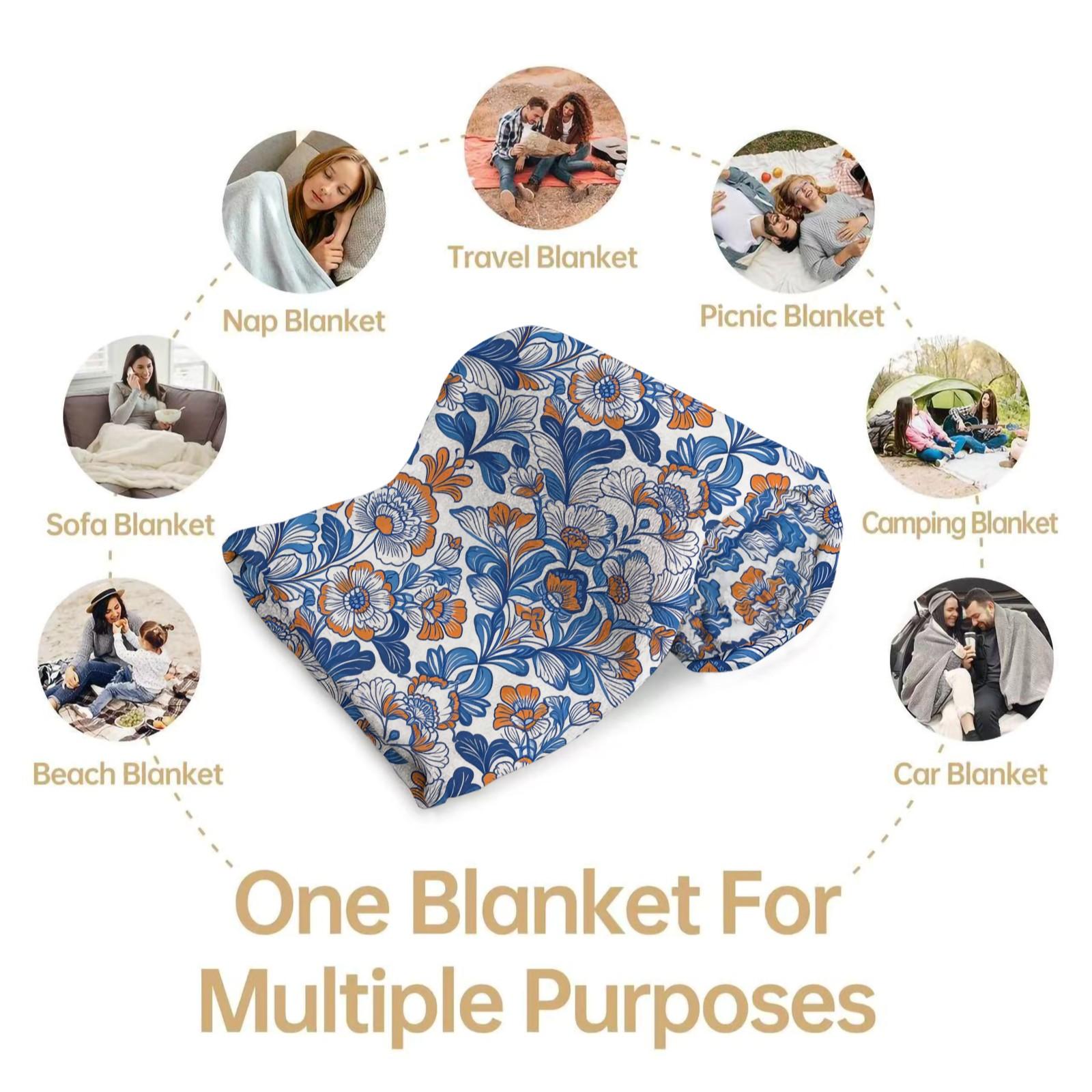 1 Piece Bohemian Blue Orange Floral Throw Blanket, HD Digital Single-Sided Printed Flannel Blanket, Super Soft Cozy Plush Gift Blanket for Sofa, Bed, Travel and Camping Decor