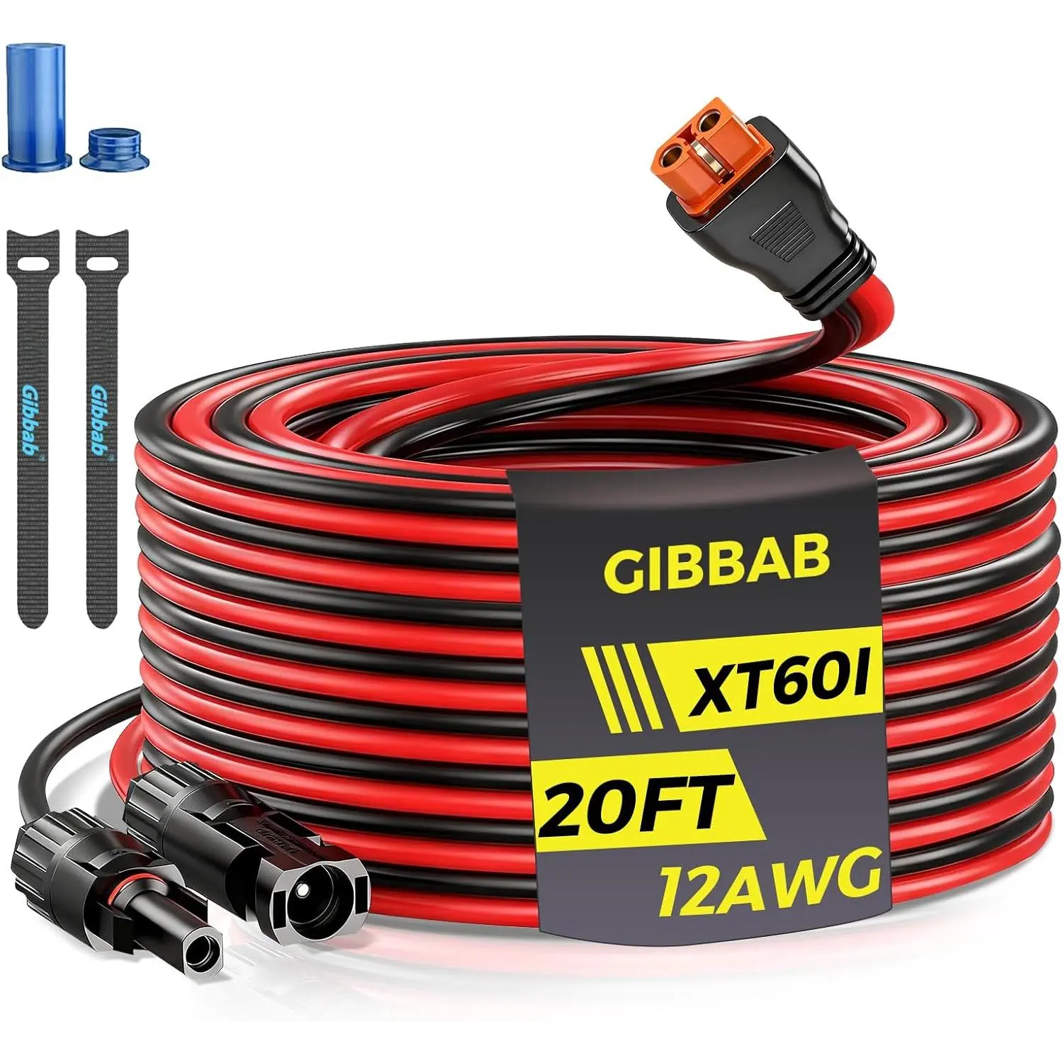20FT 12AWG to XT60i, 3 6 10 16 20 25FT Panel Connector to XT60i-F Adapter Extension Charging Cable with Caps & Wire Ties for LiFePO4 Battery RV Station Generator