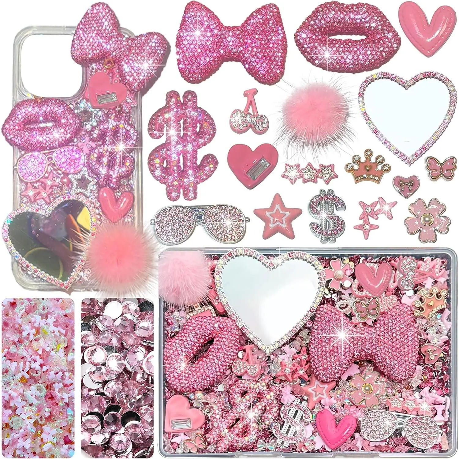 Pink Junk Case Charms Kit, Junks Phone Cases with Rhinestone Accessories and Full Diamond Bow Lips Dollar Sign Pom Resin Kits Mirror with DIY Phones Decorations