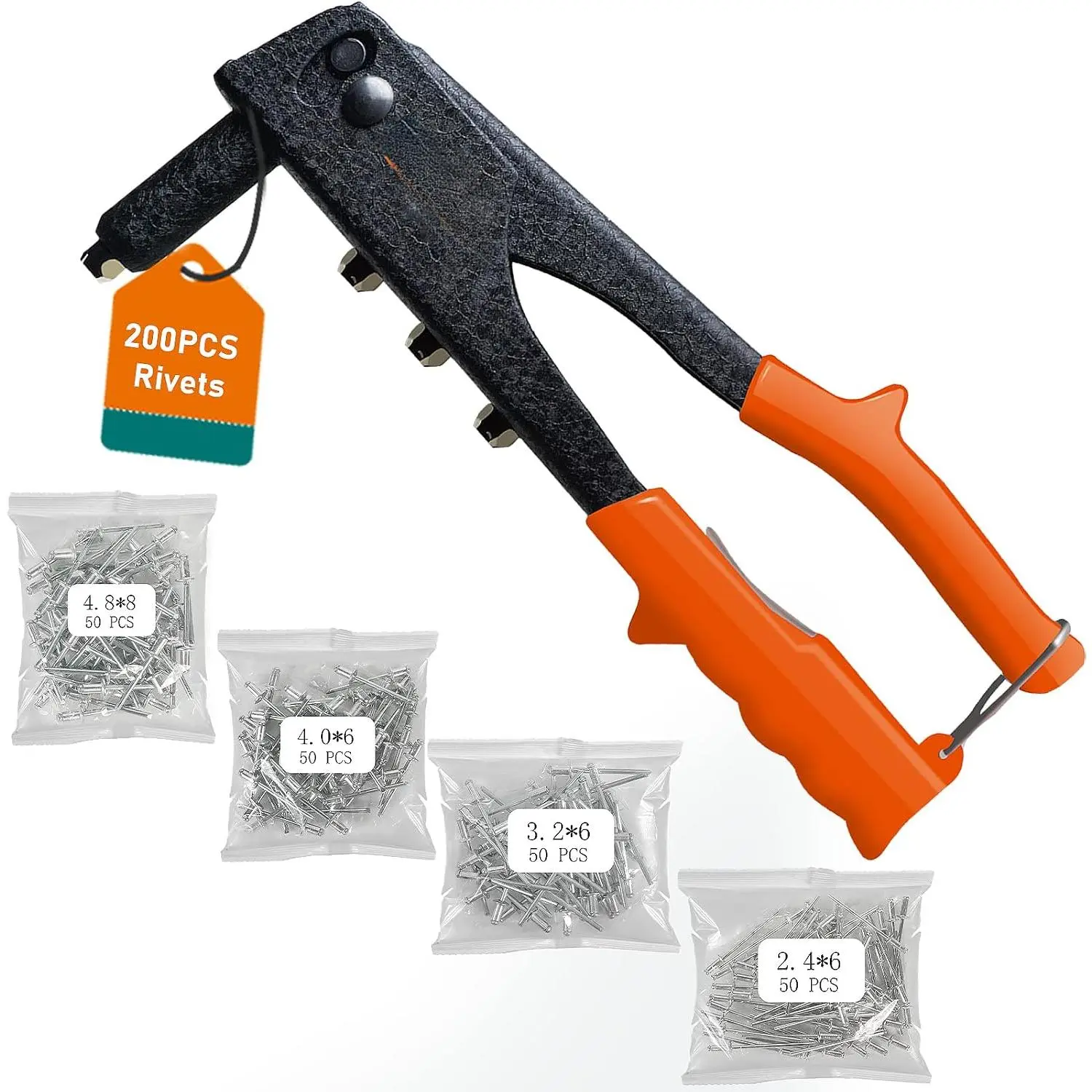Rivet gun,Professional Pop Rivet Gun Kit with 200Pcs Rivets, 3/32"-1/8"-5/32"-3/16", Heavy Hand Riveter kit Suitable for Metal work, Gutter, Automotive and other common DIY projects