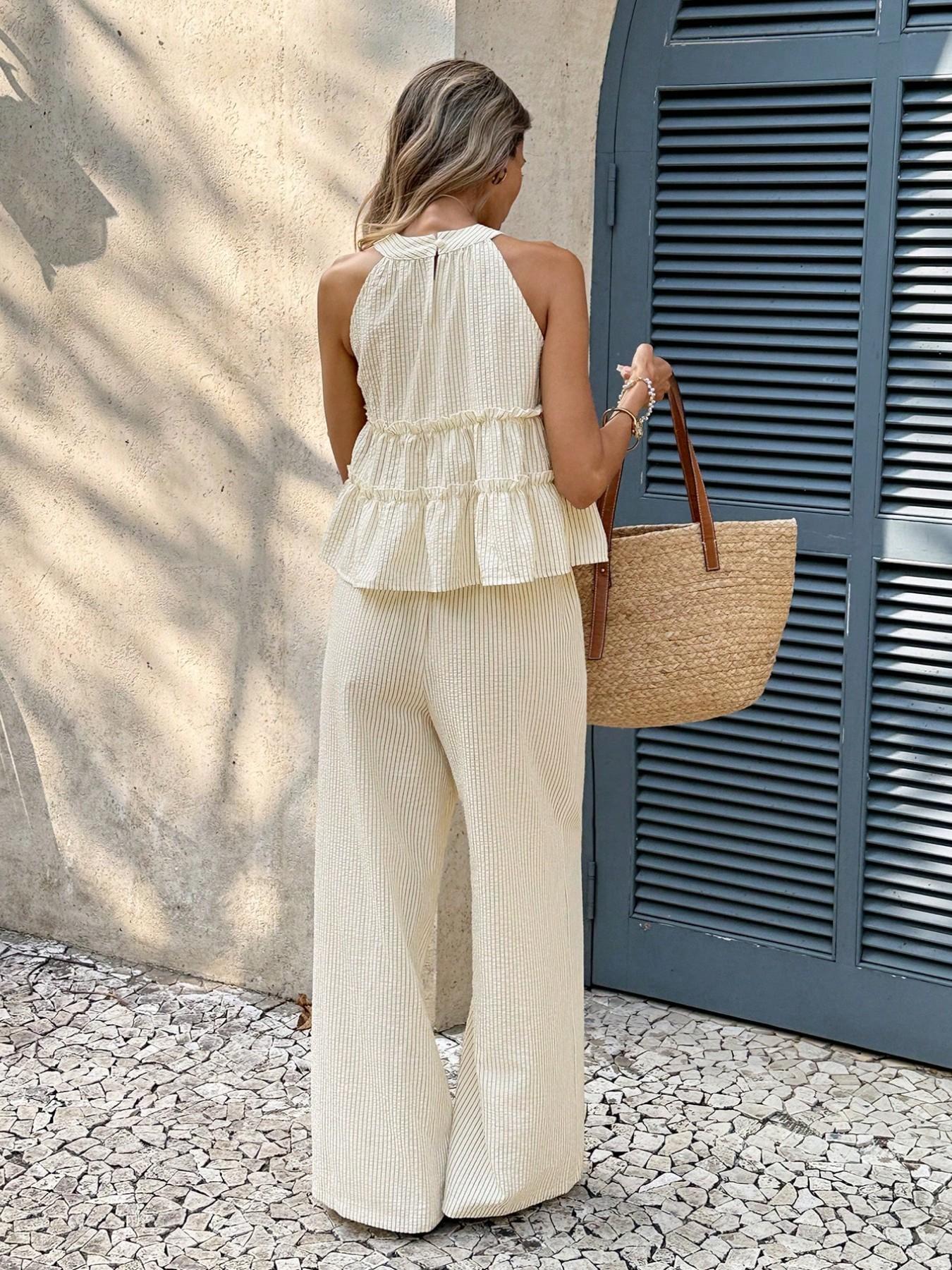 Women's 2 Piece Set | Sleeveless Halter Neck Ruffle Top & High Waist Wide Leg Pants | Casual Feminine Summer Beach Vacation Outfit