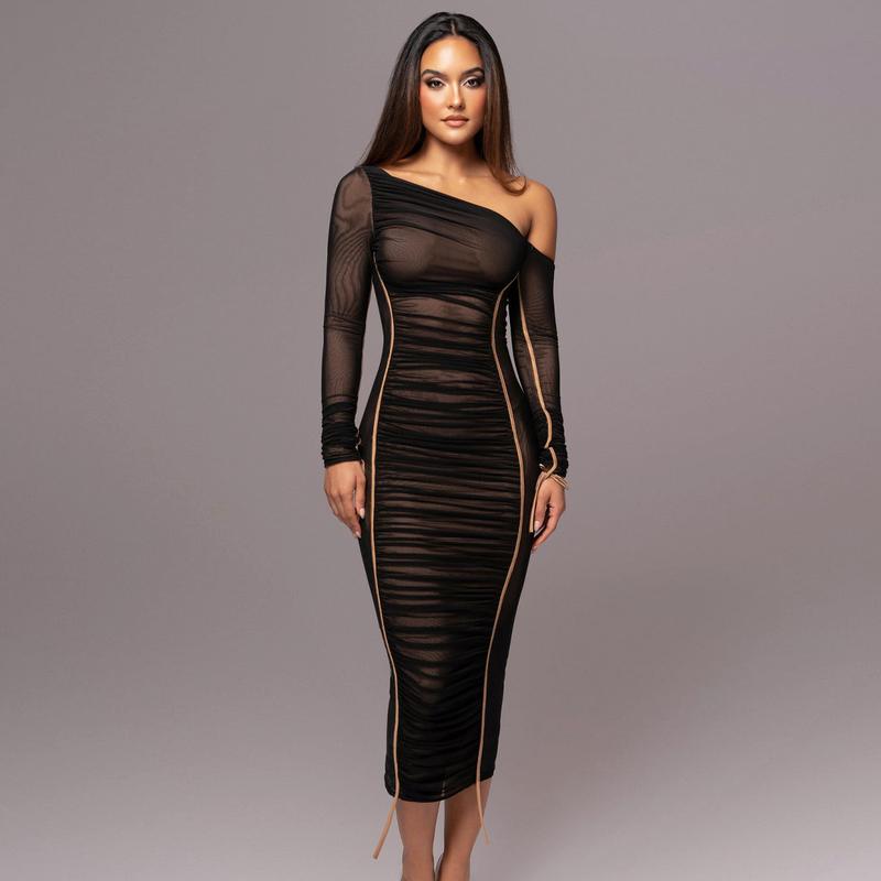 Women's Striped Ruched Asymmetrical Neck Bodycon Dress, Elegant Long Sleeve Dress for Parties, Clubs and Dates, Women's Clothing for Spring & Fall