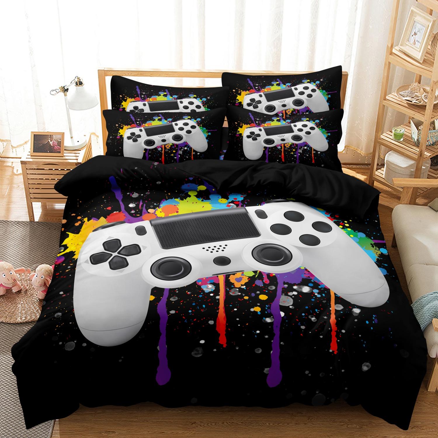 Video Game Controller Mouse Keyboard Headphone Pattern - Modern Fashionable Cool Gamepad Print - Boys Youth Gaming Equipment Bedding Set - 3pcs Duvet Cover Set (1Duvet cover+2Pillowcase ，No quilt)