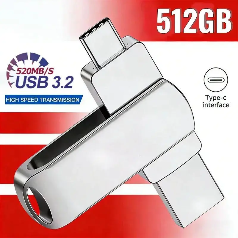 512GB USB 3.2 Flash Drive 520MB/s High Speed 2in1 TypeC OTG Pen Drive Waterproof Large Storage for Phone Computer PC Storage