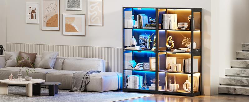 Brottar Display Cabinet with Glass Doors, Storage Cabinet with 3 Color Light, 4-Tier Curio Cabinet&Bookcase for Collectibles, Toys, Books, for Playroom, Bedroom, Study Room, Black