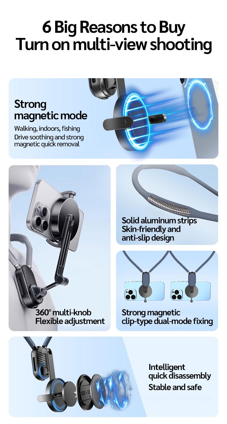 Selfieshow New Magnetic Neck Strap Phone Holder, First Person Perspective Sports Camera Shooting Aid, Chest Anti-Shake Fixed Stand, Adjustable Phone Holder