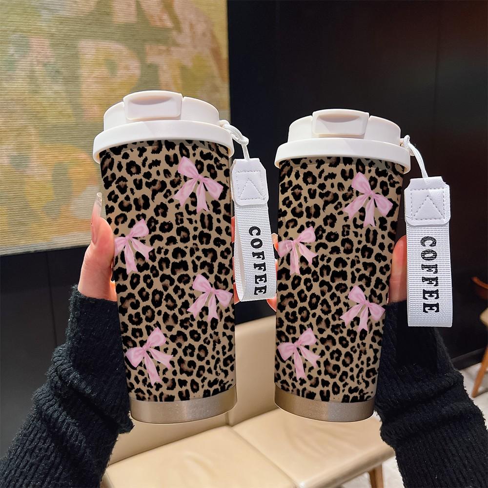 Abstract Leopard Print Coffee Cup, Portable Dual Drink Insulated Tumbler, Heat/cool Keeper, Boho Style, Office, Travel, Sports Essentials